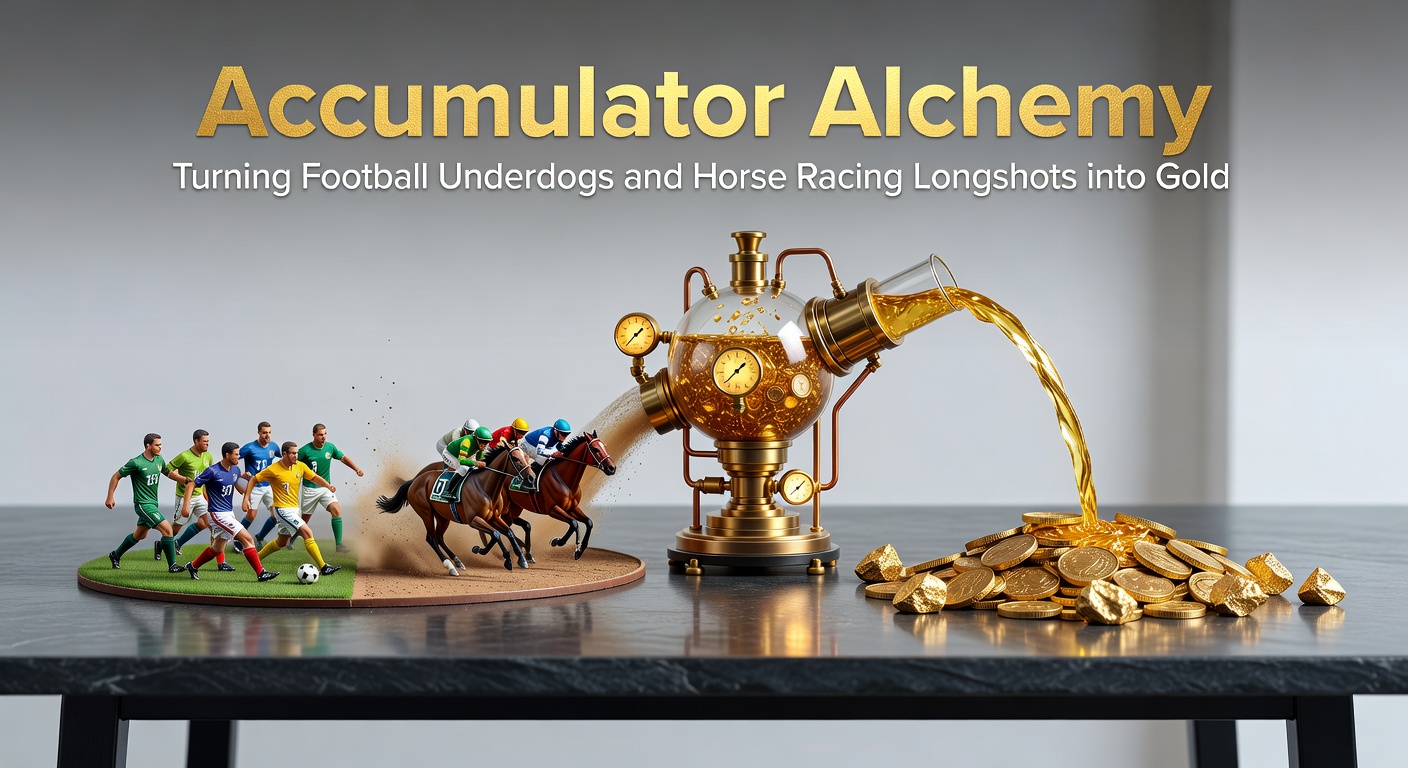 Football underdog team celebrating a shock victory on the pitch while a longshot horse surges ahead in a dramatic race finish, symbolizing high-reward accumulator bets