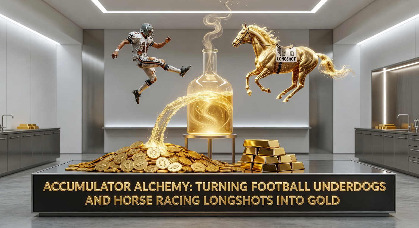 Close-up of a jockey urging a longshot horse to victory in the final stretch, alongside football fans erupting as an underdog goal seals an accumulator payout