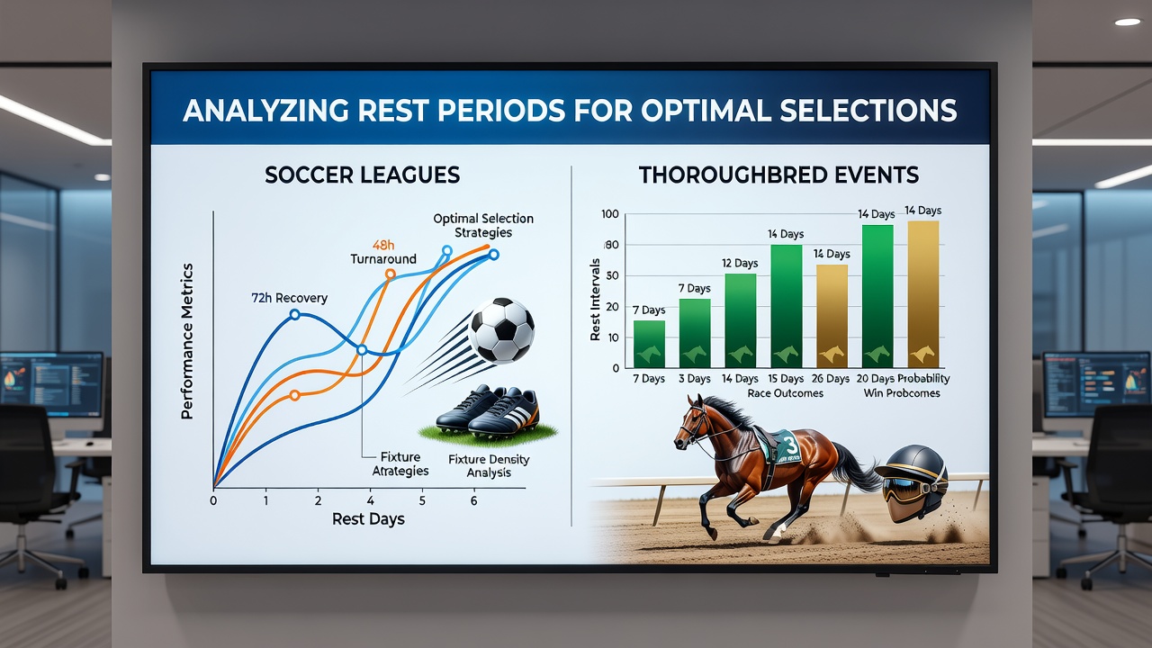 Thoroughbred horses resting in stables and data charts showing recovery timelines between races