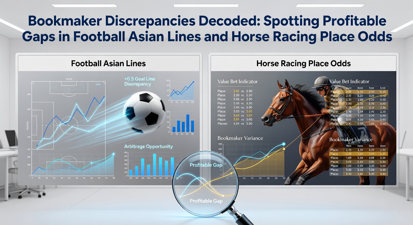 Screenshot of multiple bookmaker screens showing varying Asian handicap odds for a Premier League match and differing place odds for a horse race