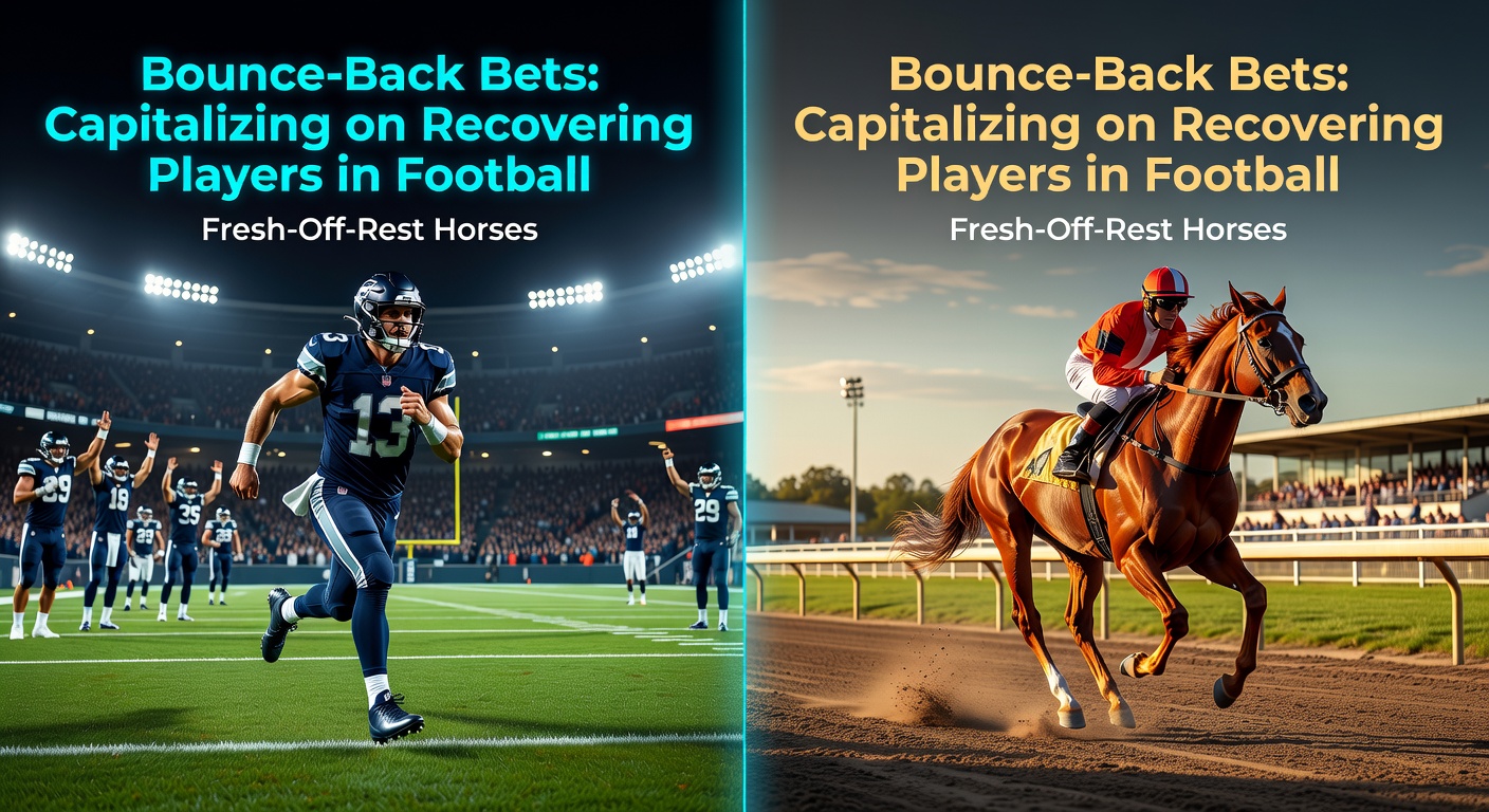 A football striker celebrates a goal after a recent dry spell while a horse surges ahead fresh from rest in a packed race