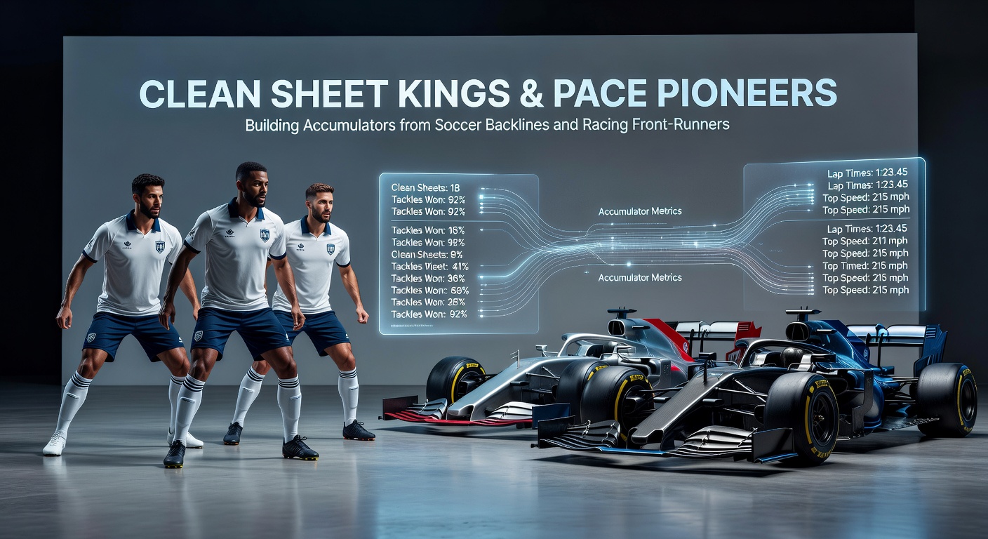 Soccer defenders celebrating a clean sheet while a horse surges ahead as a front-runner in a race