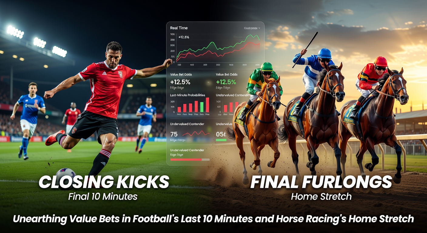 A tense football match in stoppage time with players scrambling for a late goal, overlaid with horse racing imagery of horses charging down the final furlong