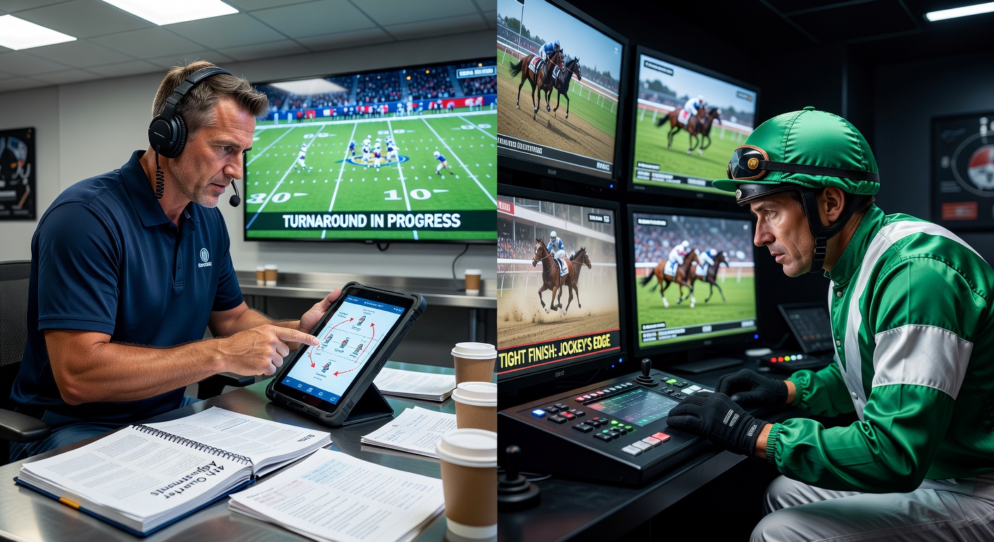A football captain rallies teammates during a tense comeback moment on a rain-slicked pitch, arms raised in command, while in the background a jockey urges his mount across the line in a photo finish