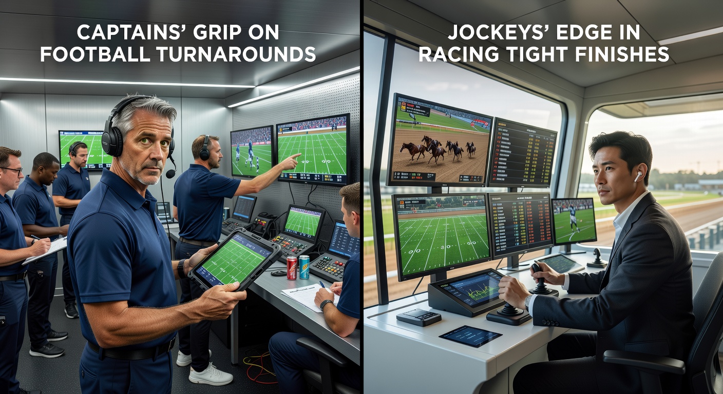 Jockey locked in a fierce duel during a horse racing photo finish, whip cracking as horses thunder neck-and-neck toward the wire under stadium lights