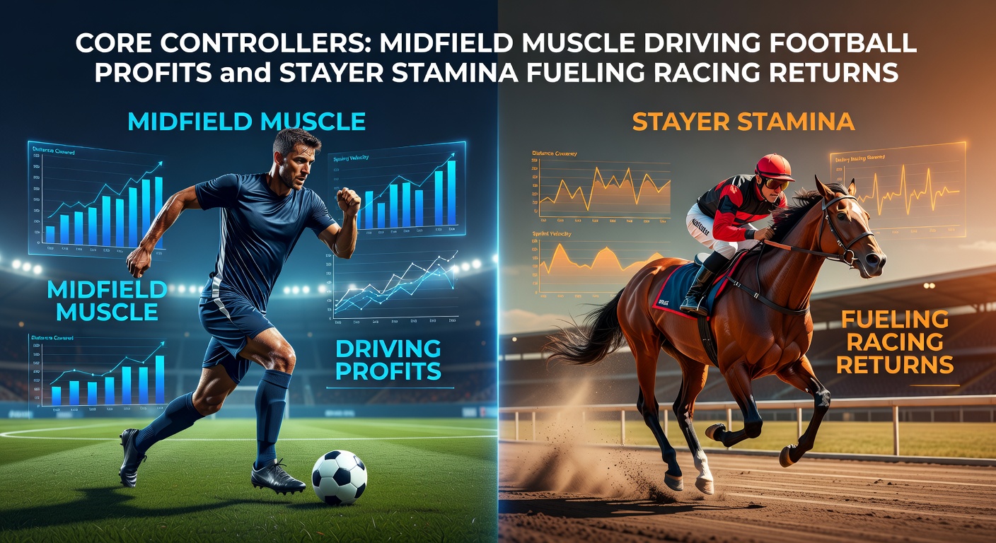 A commanding midfielder dictating play in a packed stadium alongside a powerful stayer horse powering down the stretch in a long-distance race