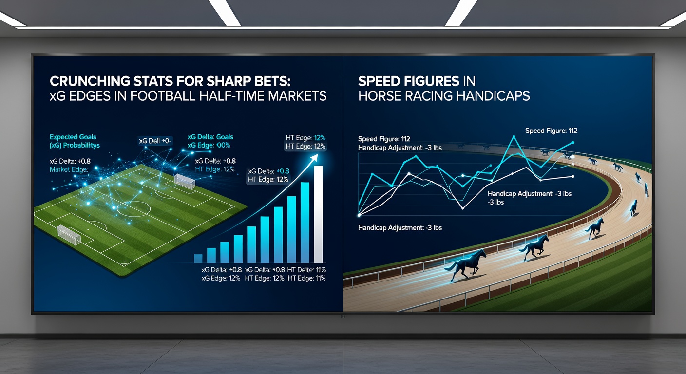 A dynamic chart overlaying football xG timelines at half-time with horse speed figure graphs, highlighting statistical betting edges