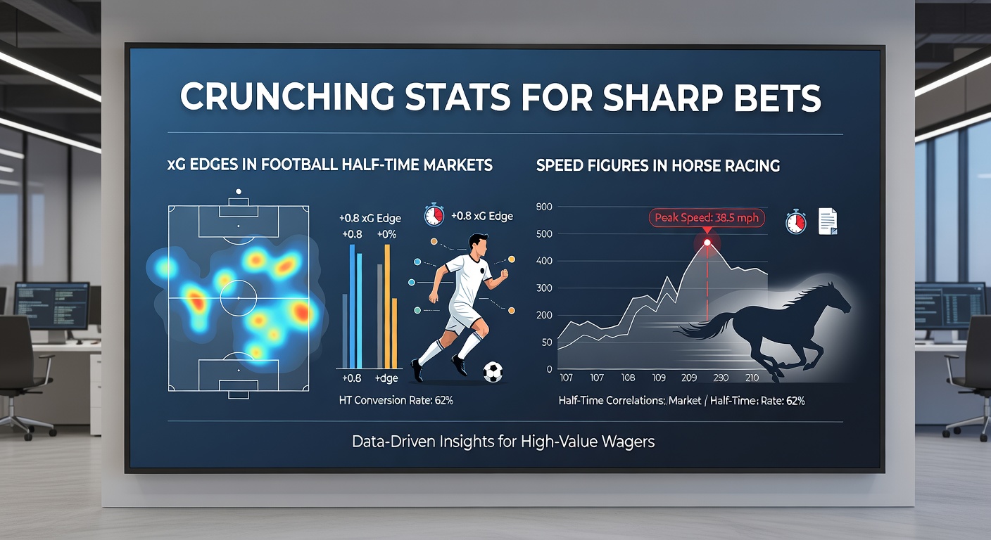 Close-up of a horse racing handicap form sheet annotated with speed figures next to a football pitch heatmap showing half-time xG zones