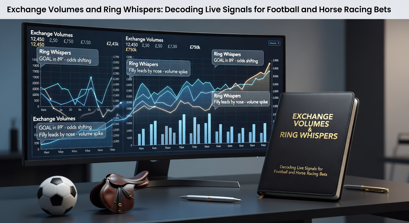 Digital dashboard displaying real-time betting exchange volumes spiking during a live football match, with graphs showing matched bets and price movements