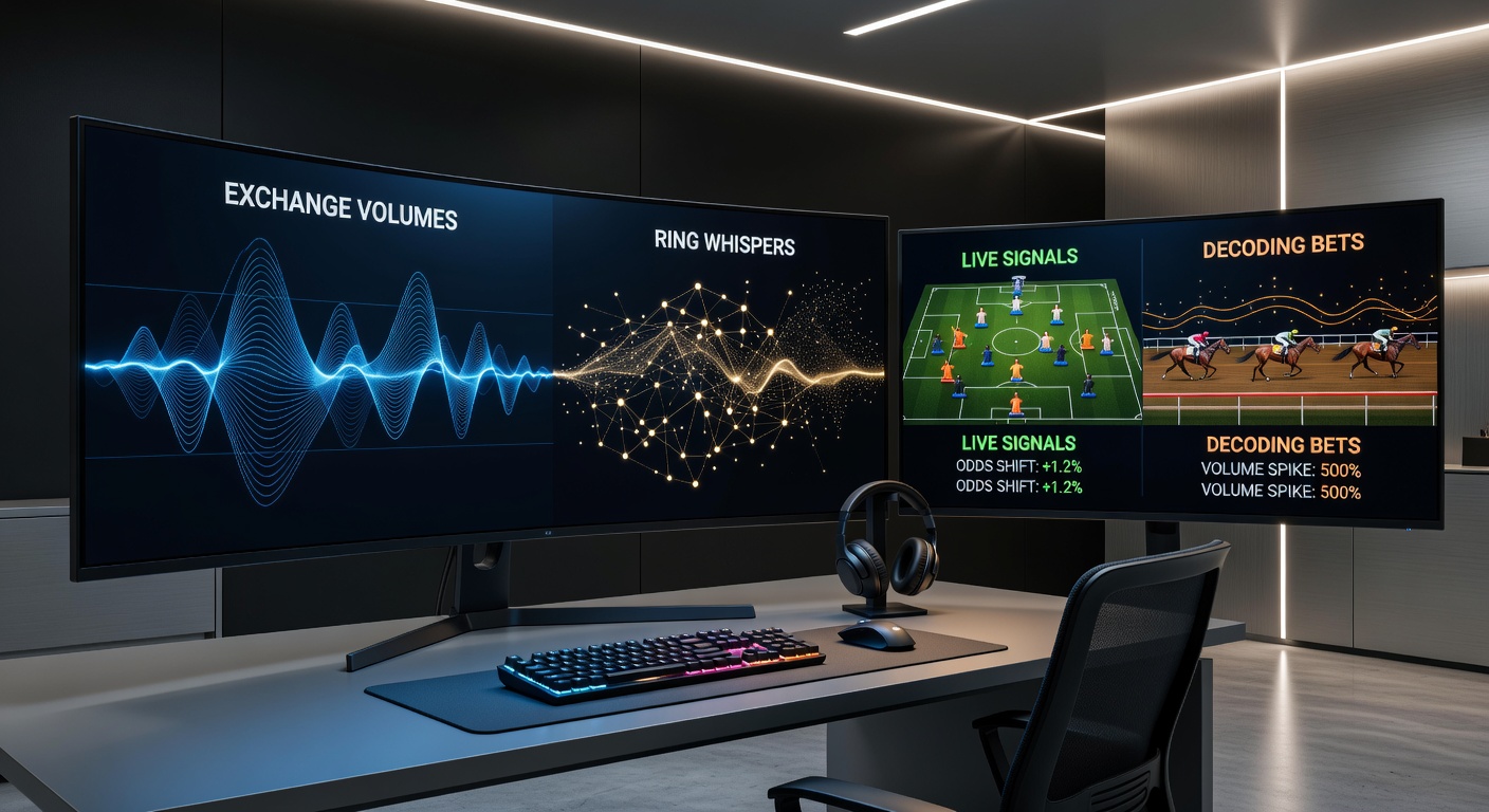 Crowded horse racing betting ring with bookmakers calling odds, overlaid with speech bubbles representing whispers and a smartphone screen showing exchange volume charts