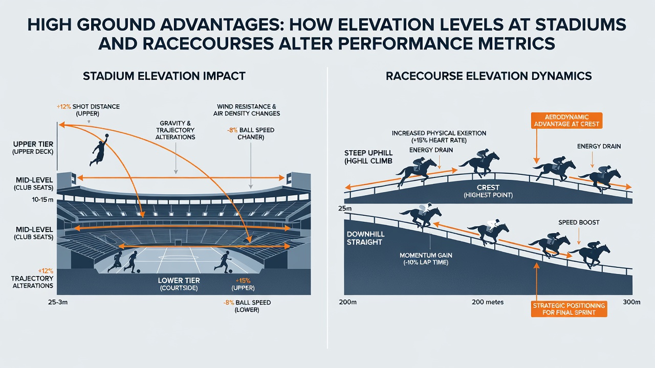 Horse racing track at elevated altitude with horses competing on the home straight under clear skies