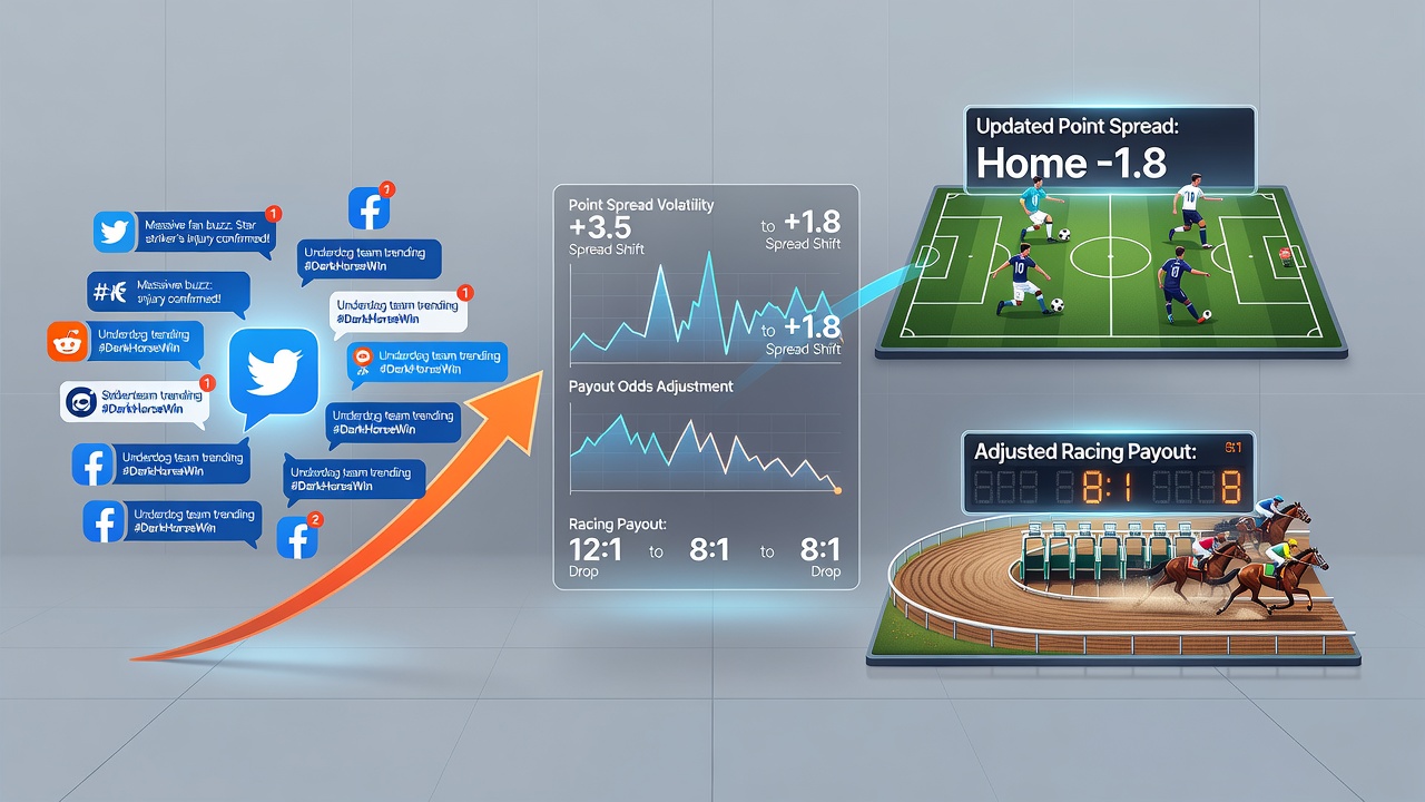 Horse racing fans engaging on social media with visible odds boards and payout displays in the background