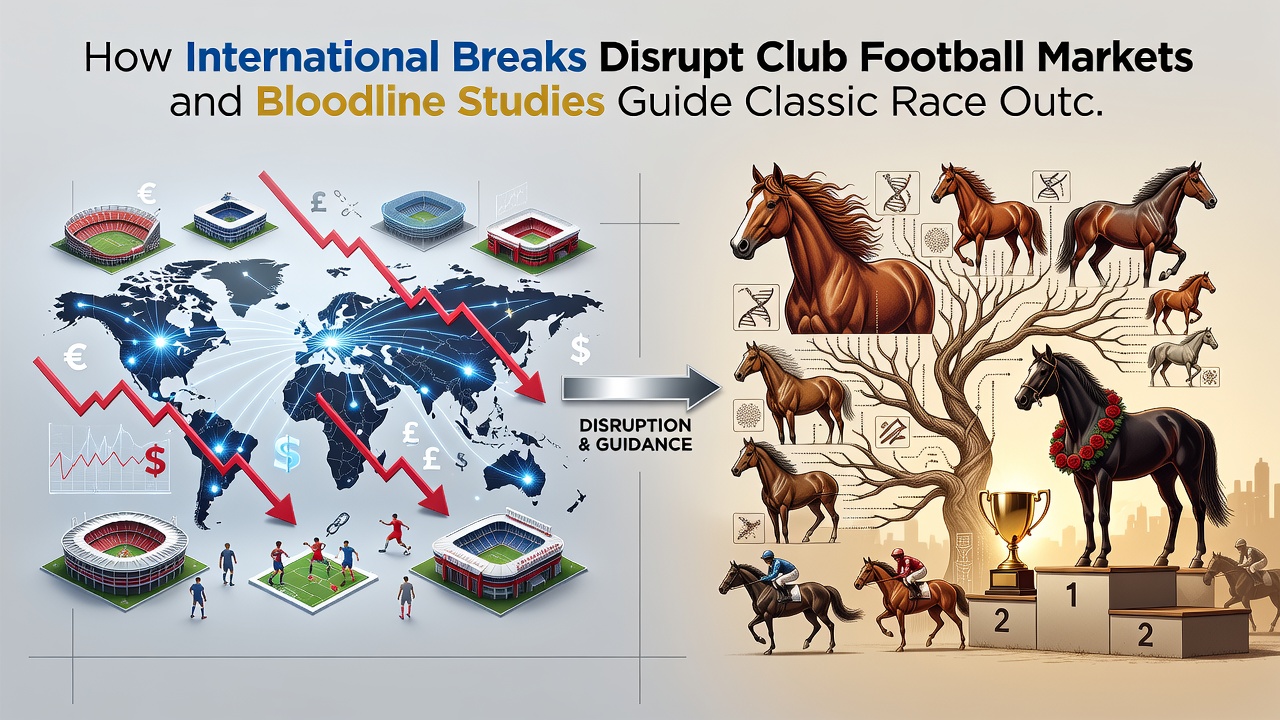 Thoroughbred pedigree charts alongside racecourse action at a classic meeting