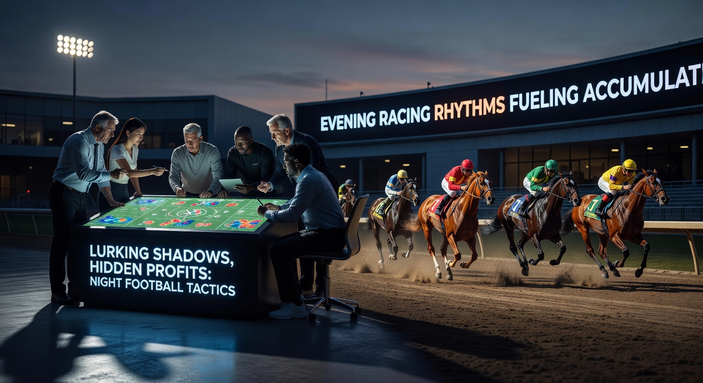 Evening horse race under floodlights with horses thundering down the straight, capturing the rhythmic surge of twilight gallops