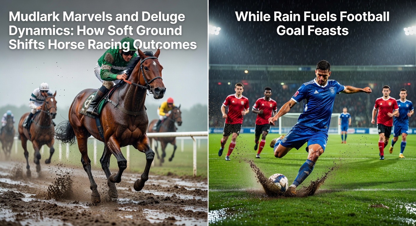 Horses splashing through mud on a rain-soaked racecourse during a stormy afternoon race, highlighting the challenges of soft ground conditions