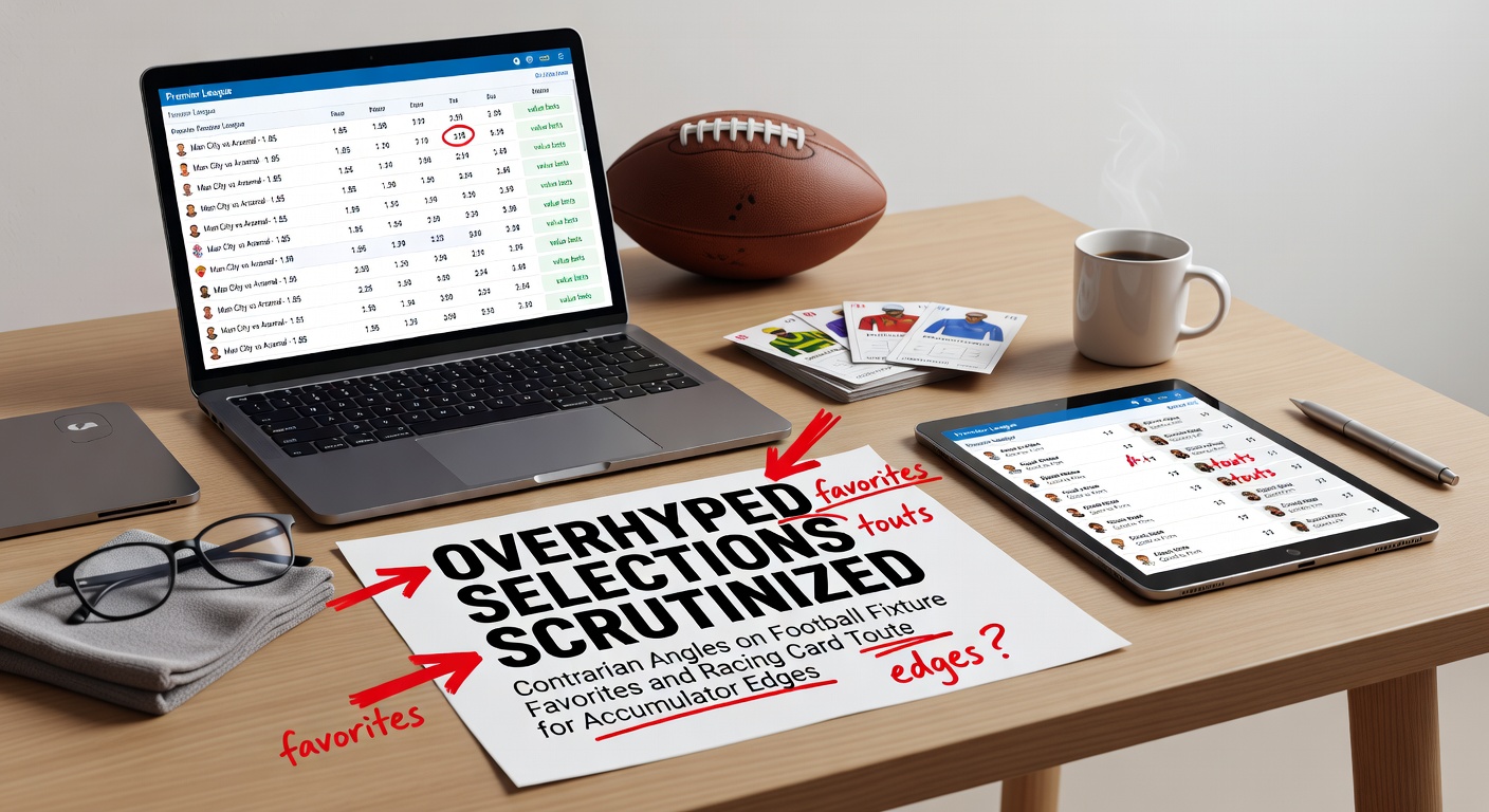 Crowd at a bustling football stadium cheering heavily favored teams while bettors overlook underdogs, contrasted with horse racing touts pointing at hyped entries amid a packed track