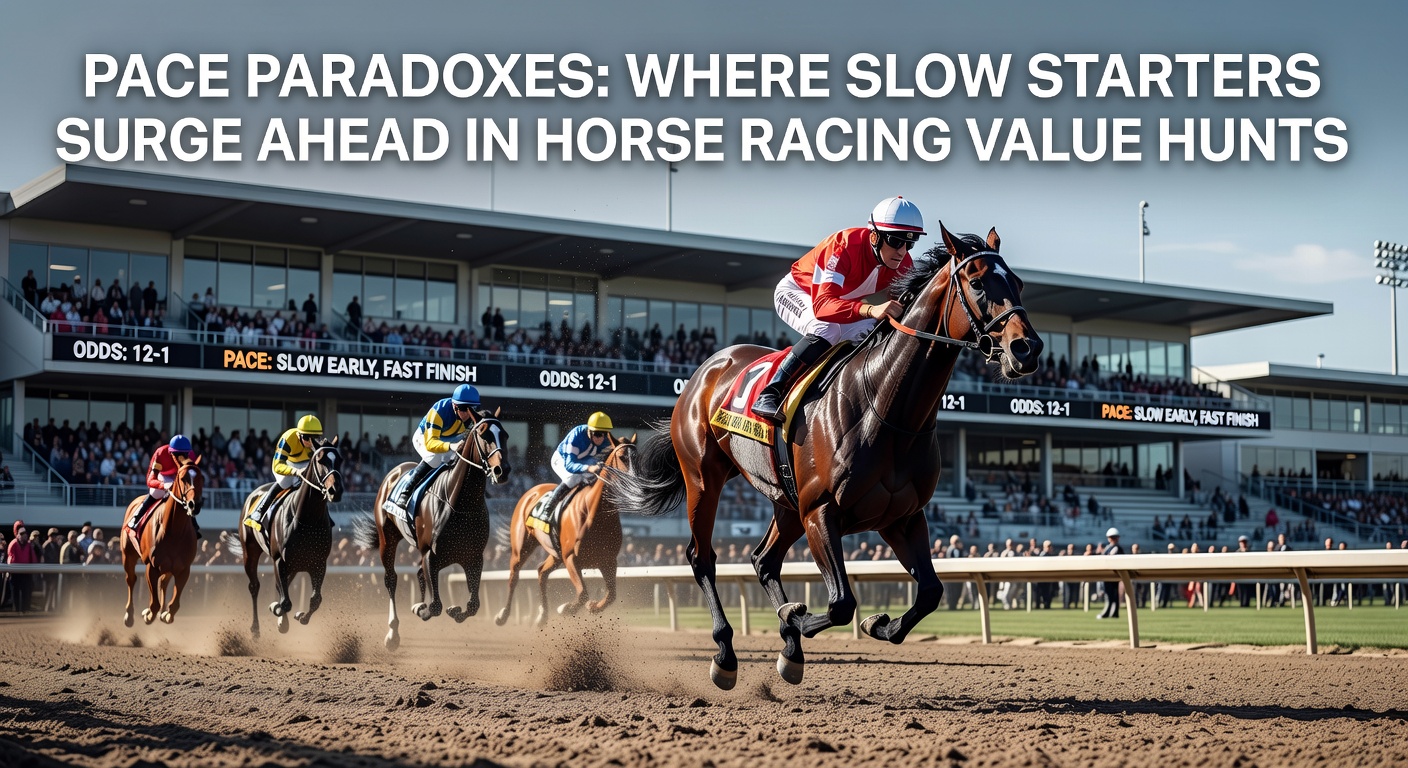 A slow-starting horse surges past leaders in the final stretch of a muddy turf race, kicking up divots as it accelerates dramatically