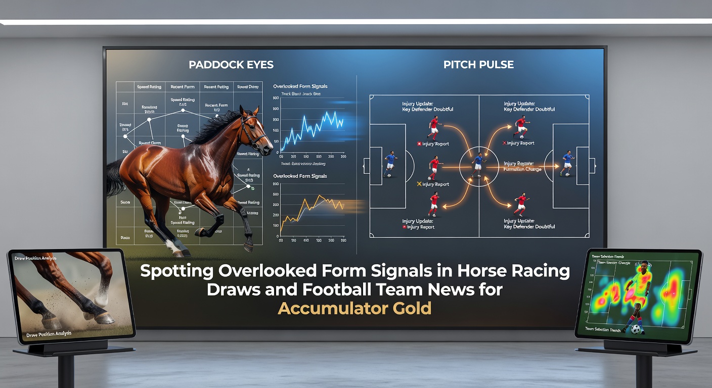 A horse in the paddock being inspected by trainers and punters, with a football pitch in the background showing team lineups on a digital board