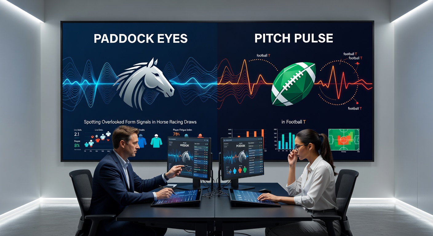 Football manager reviewing team news on a tablet beside a close-up of a jockey checking a horse's draw position on a racecard