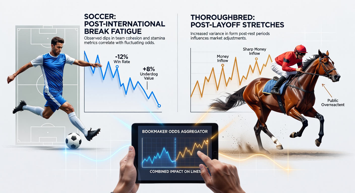 Soccer players returning from international duty showing signs of fatigue during a league match, with betting odds displayed on a nearby screen