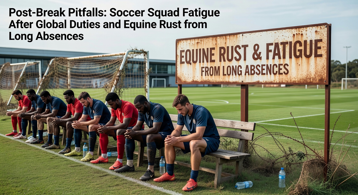 Soccer players looking exhausted after international duty return to club training, alongside a horse being led back to the track after a long layoff