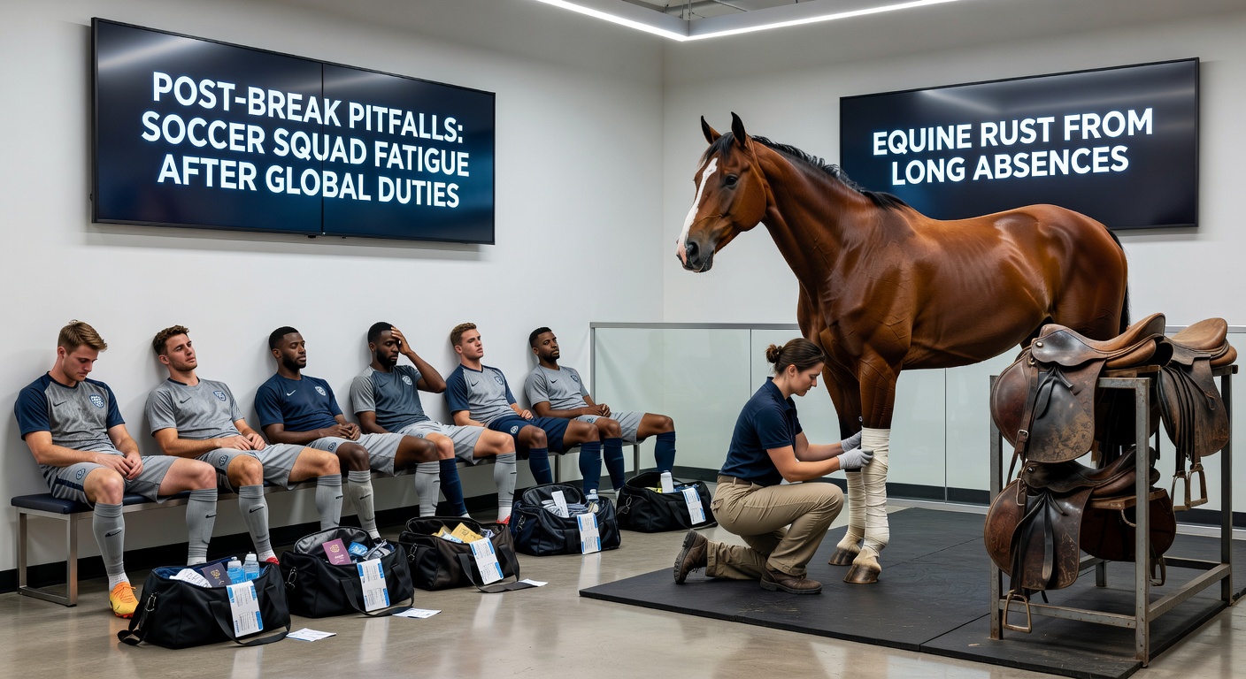 A horse shaking off cobwebs in a training gallop post-layoff, next to a soccer team huddling during a post-international fatigue recovery session