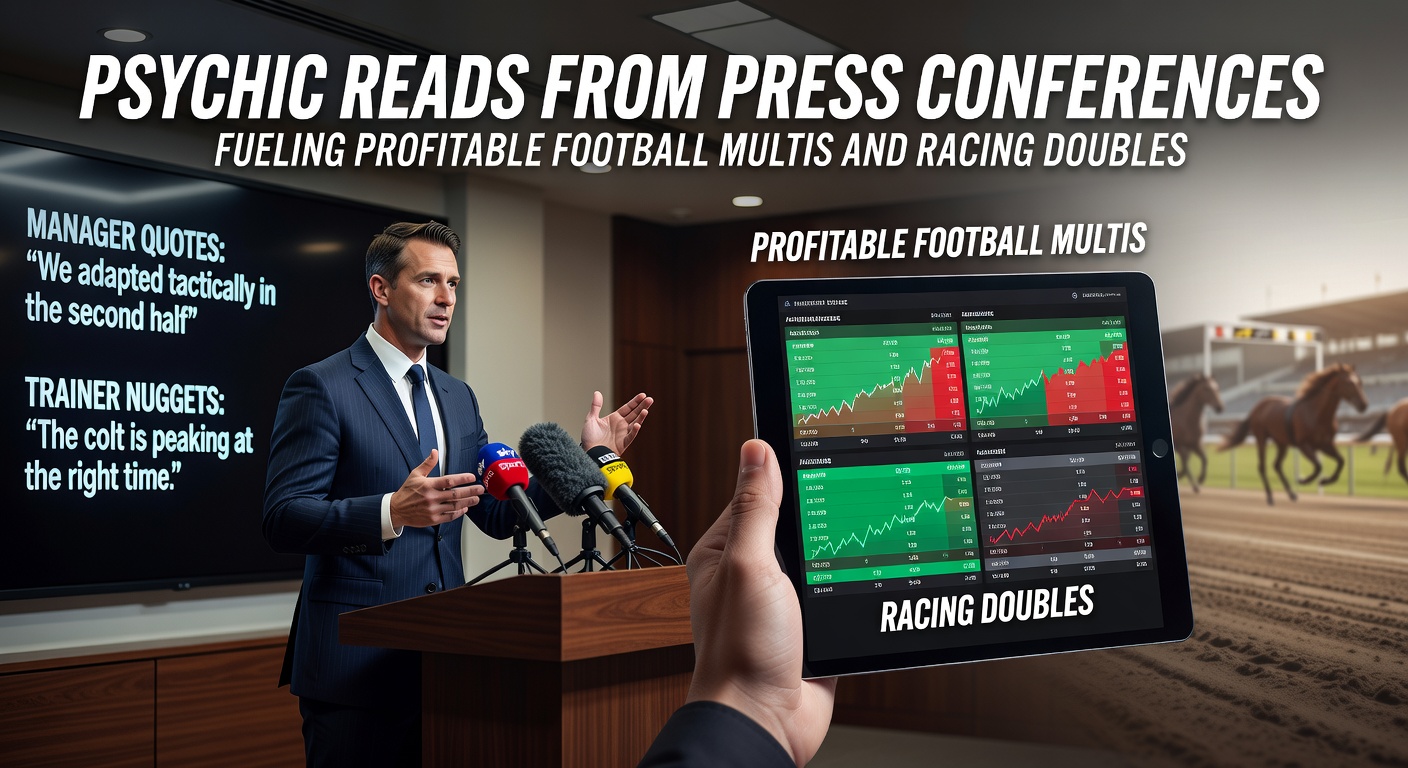 Football manager speaking at a press conference podium with microphones clustered around, capturing the intensity of pre-match insights
