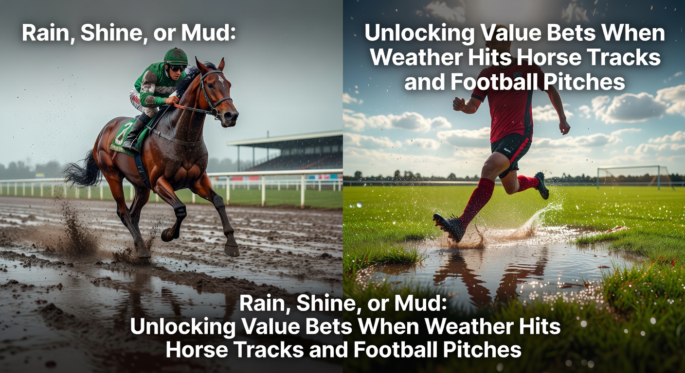 A muddy horse racing track under rainy skies, with horses splashing through the slop during a race, highlighting weather's dramatic impact on track conditions