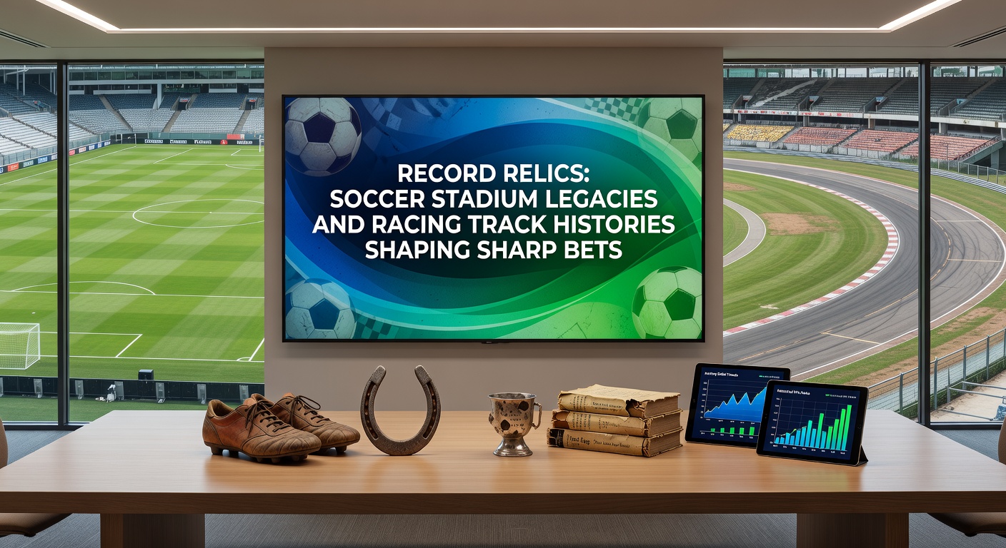 Aerial view of a legendary horse racing track with horses thundering past historic grandstands, highlighting track configurations that influence race outcomes