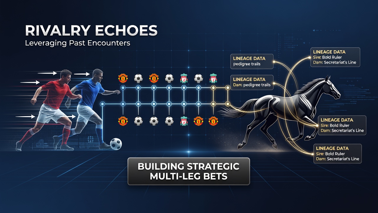 Football pitch showing historical rivalry matchups alongside horse racing pedigree charts