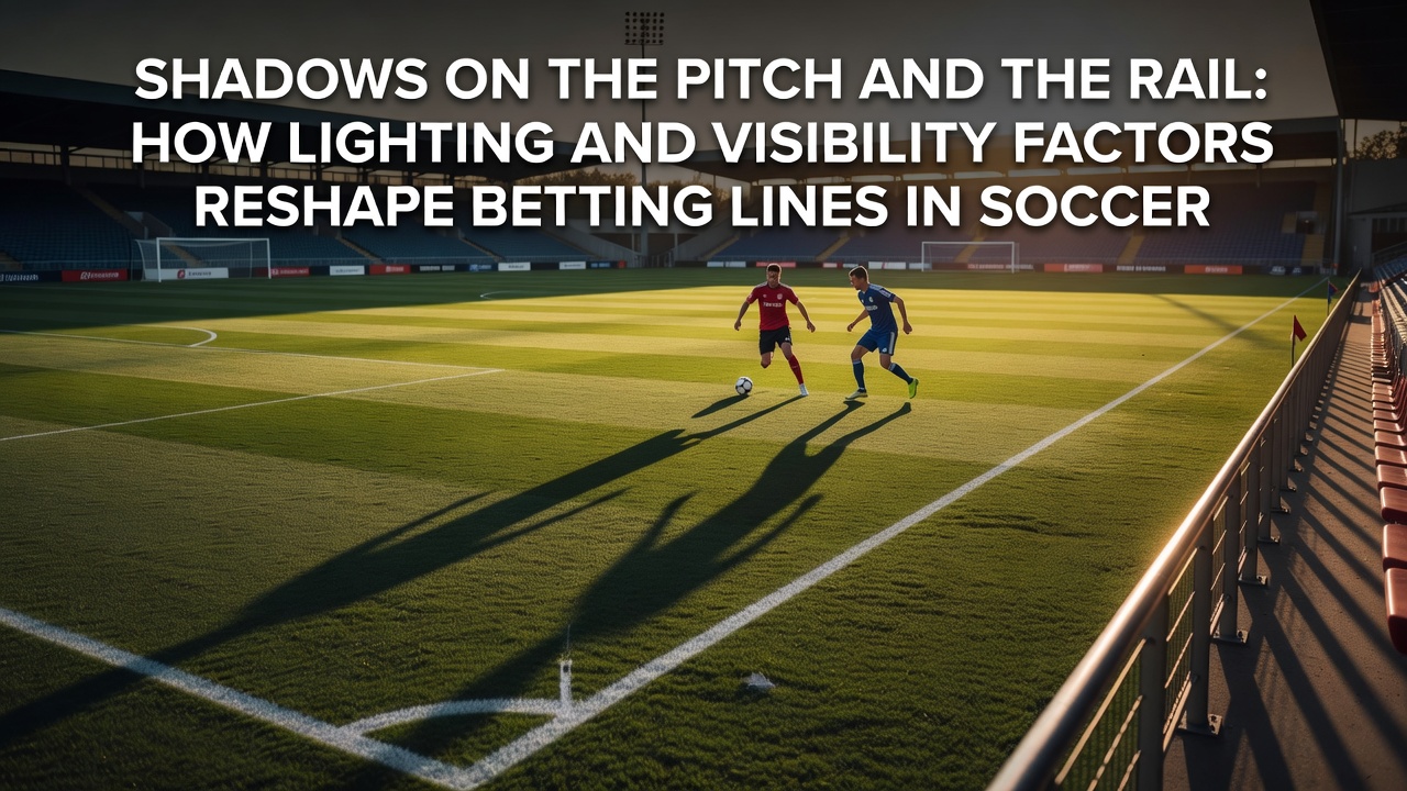 Racehorses navigating evening track lighting with visible shadows along the rail as jockeys maintain position