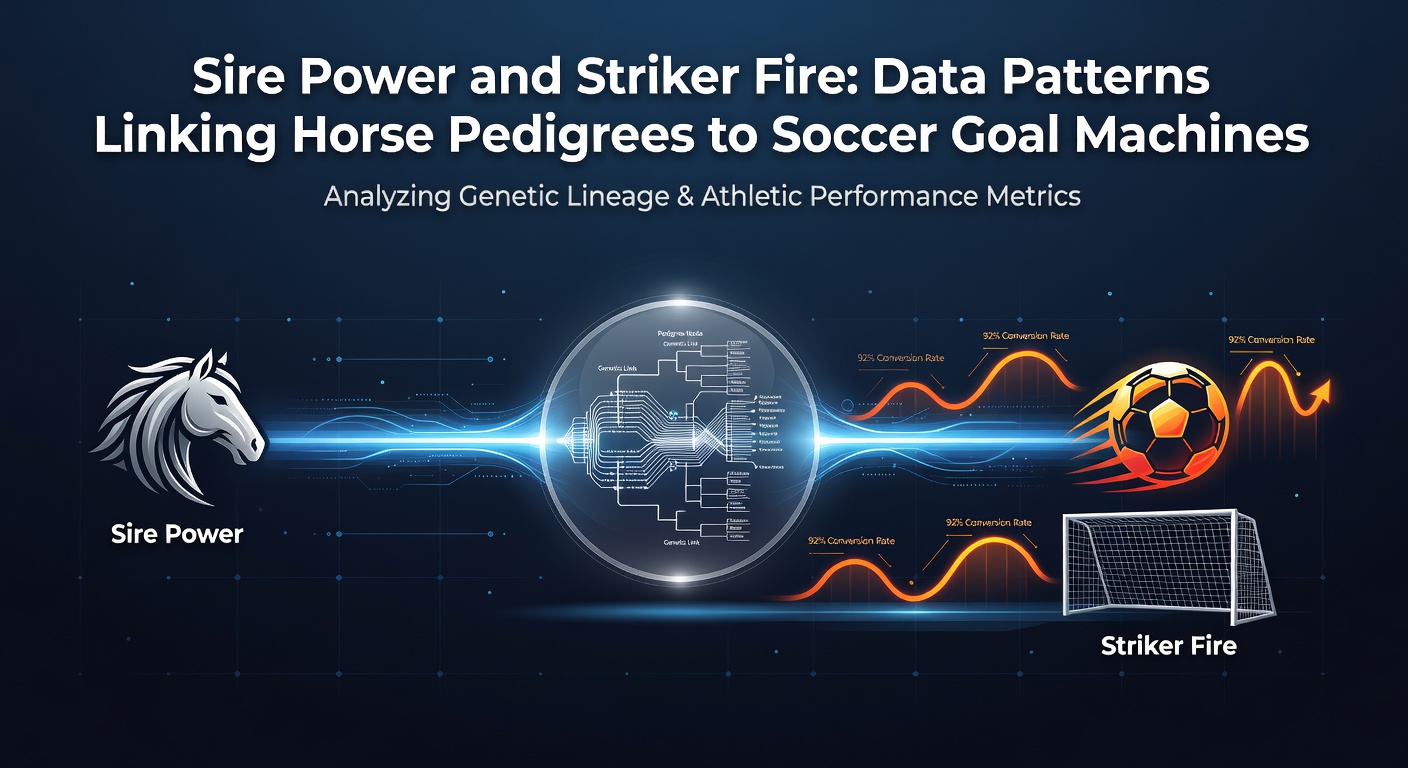 A dynamic split-image showing a powerful stallion in a pedigree chart alongside a soccer striker celebrating a goal, highlighting data connections between horse racing sires and prolific goal scorers
