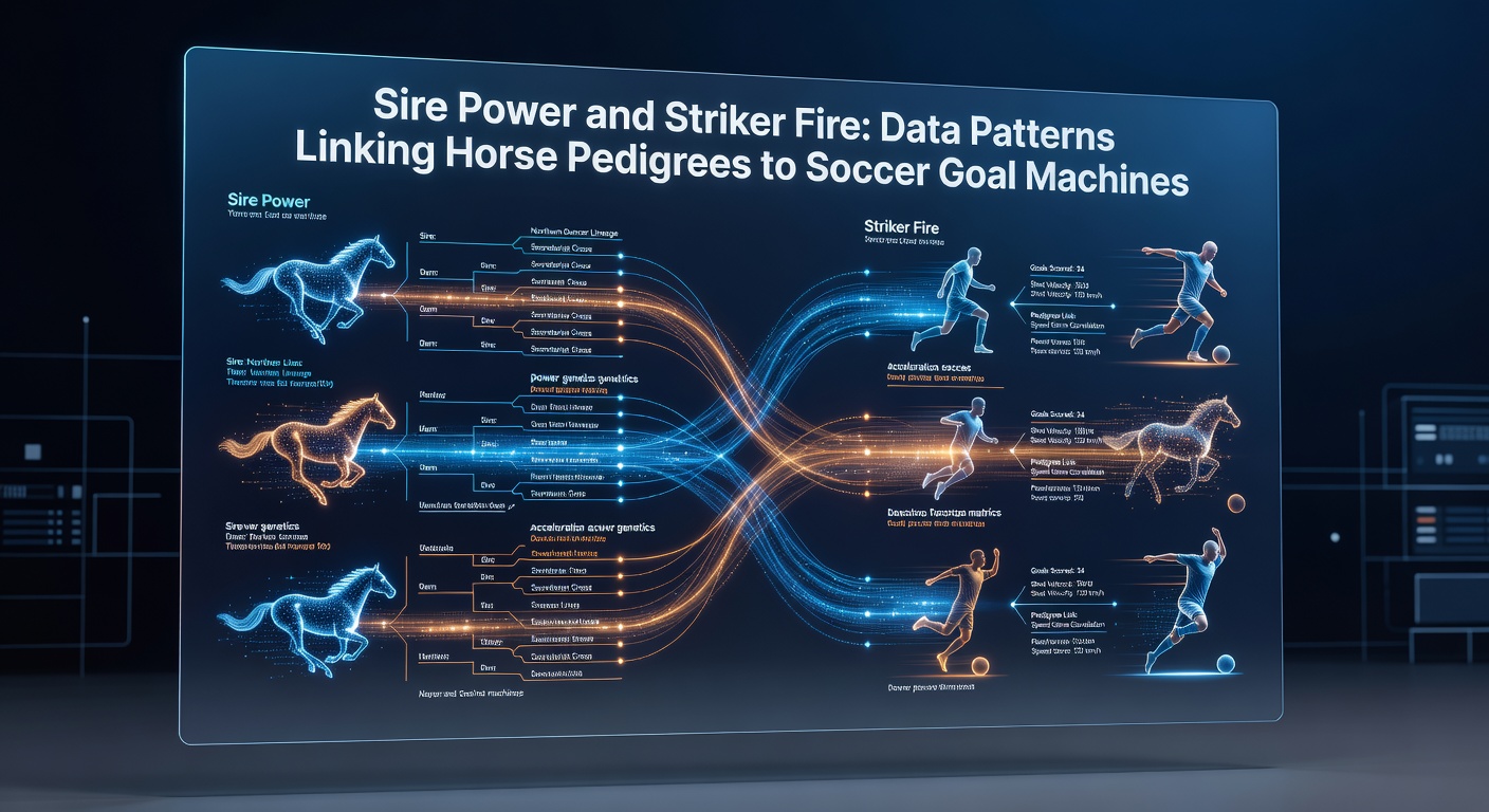 Data visualization charts overlaying horse sire progeny win rates with soccer striker goal conversion graphs, illustrating parallel performance trends