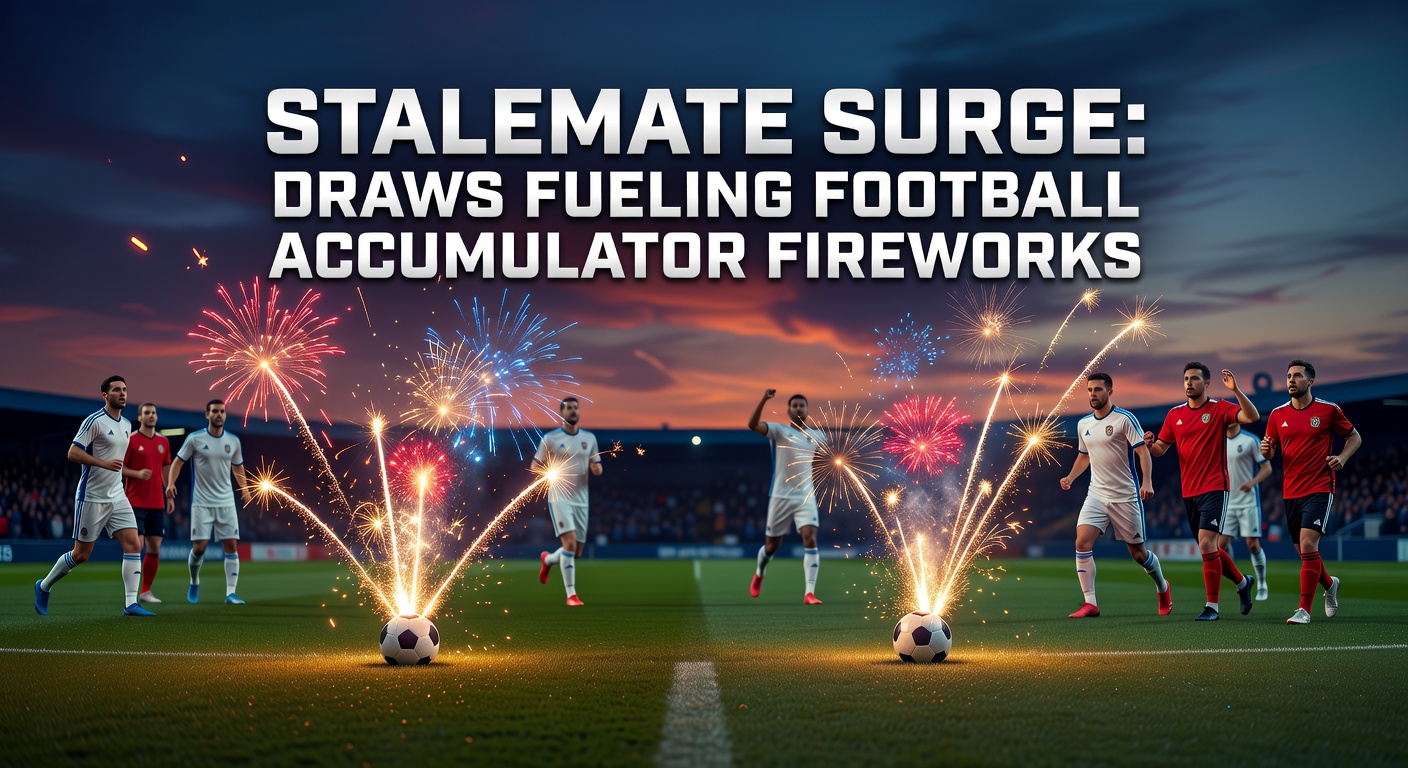 Crowd at a tense football match ending in a 0-0 draw, with overlaid graphics showing accumulator bet slips lighting up like fireworks