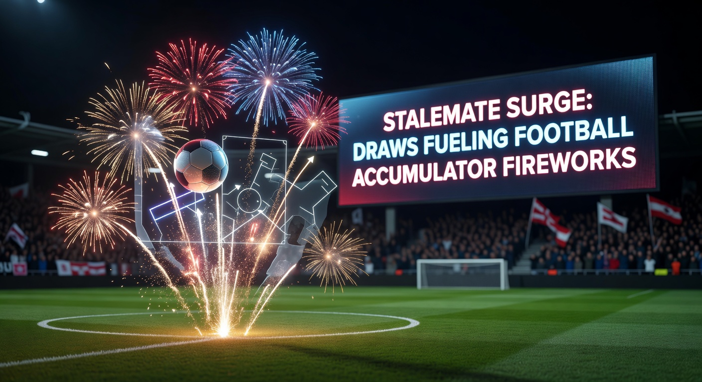 Graphic of a multi-leg accumulator bet slip with draw selections stacking up, odds multiplying into fireworks display against a football stadium backdrop