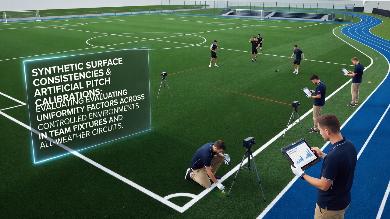 Synthetic turf pitch with calibration markers showing uniformity testing in progress