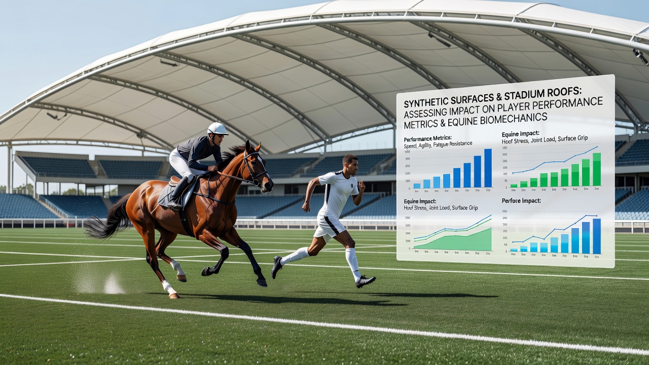 Horse racing on a synthetic track with overhead structure influencing stride patterns