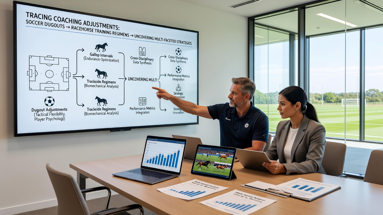 Racehorse trainer adjusting training equipment and monitoring performance during a workout session