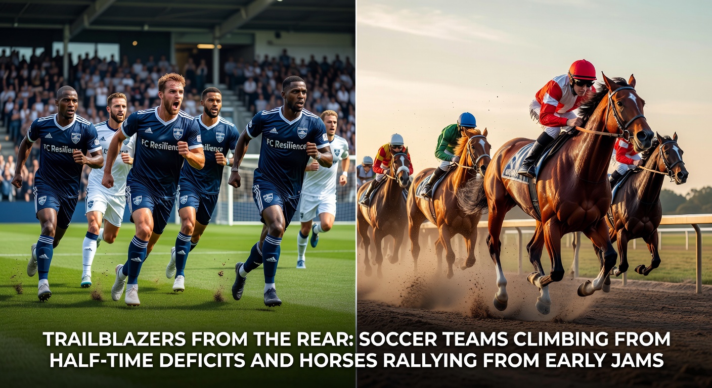 A soccer player celebrating a late comeback goal while a horse surges forward in a tight race finish