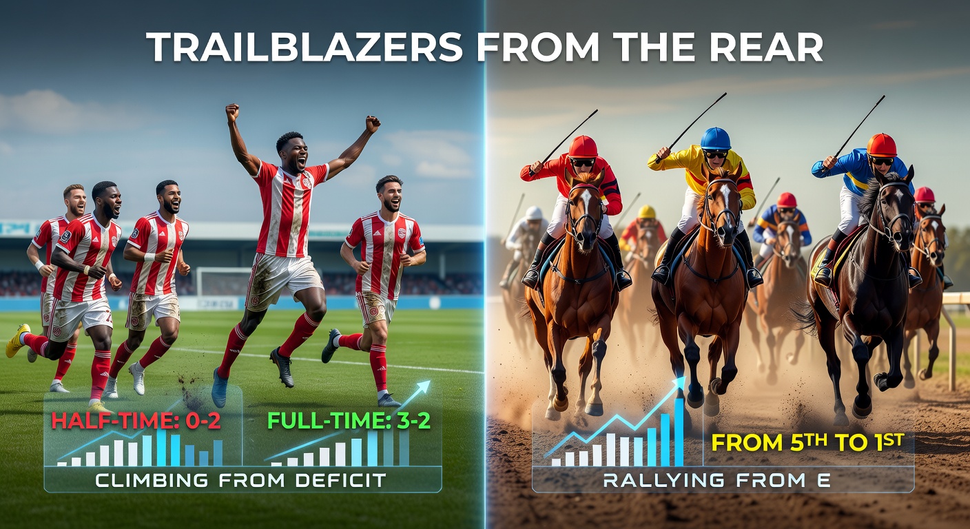 Split image showing a soccer team huddling at halftime and a horse navigating a tight early-race pack