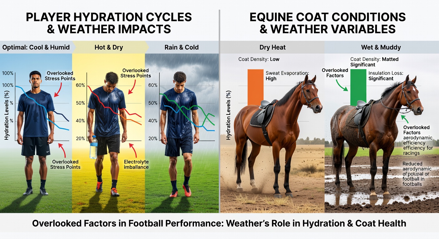 Racehorses with varying coat conditions competing on a track affected by weather changes