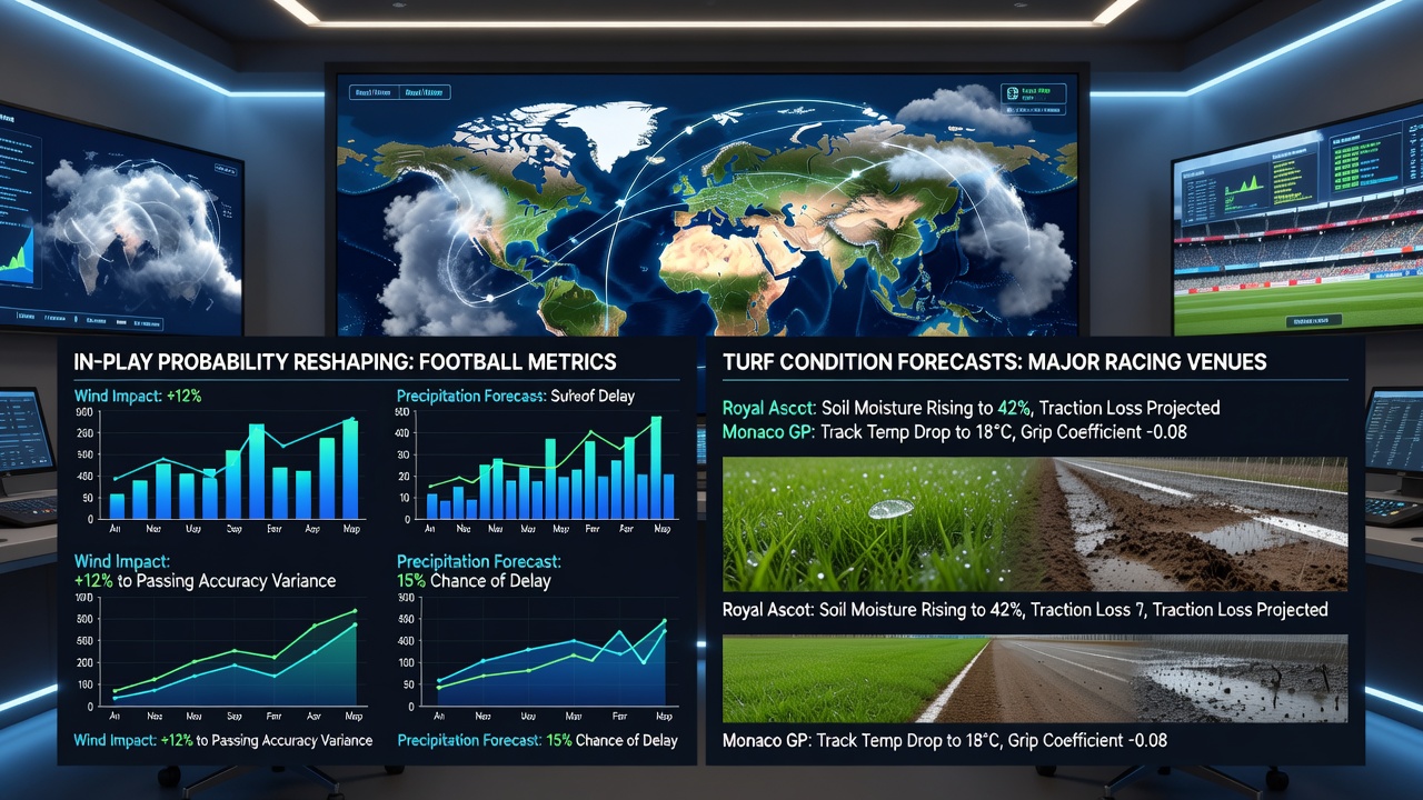 Satellite imagery displaying real-time weather patterns over European football pitches and adjacent racing circuits