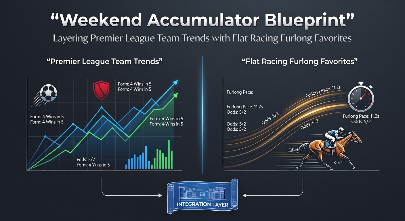 Premier League match action overlaid with flat racing horses charging down the straight, illustrating the fusion of football trends and furlong specialists for accumulator strategies