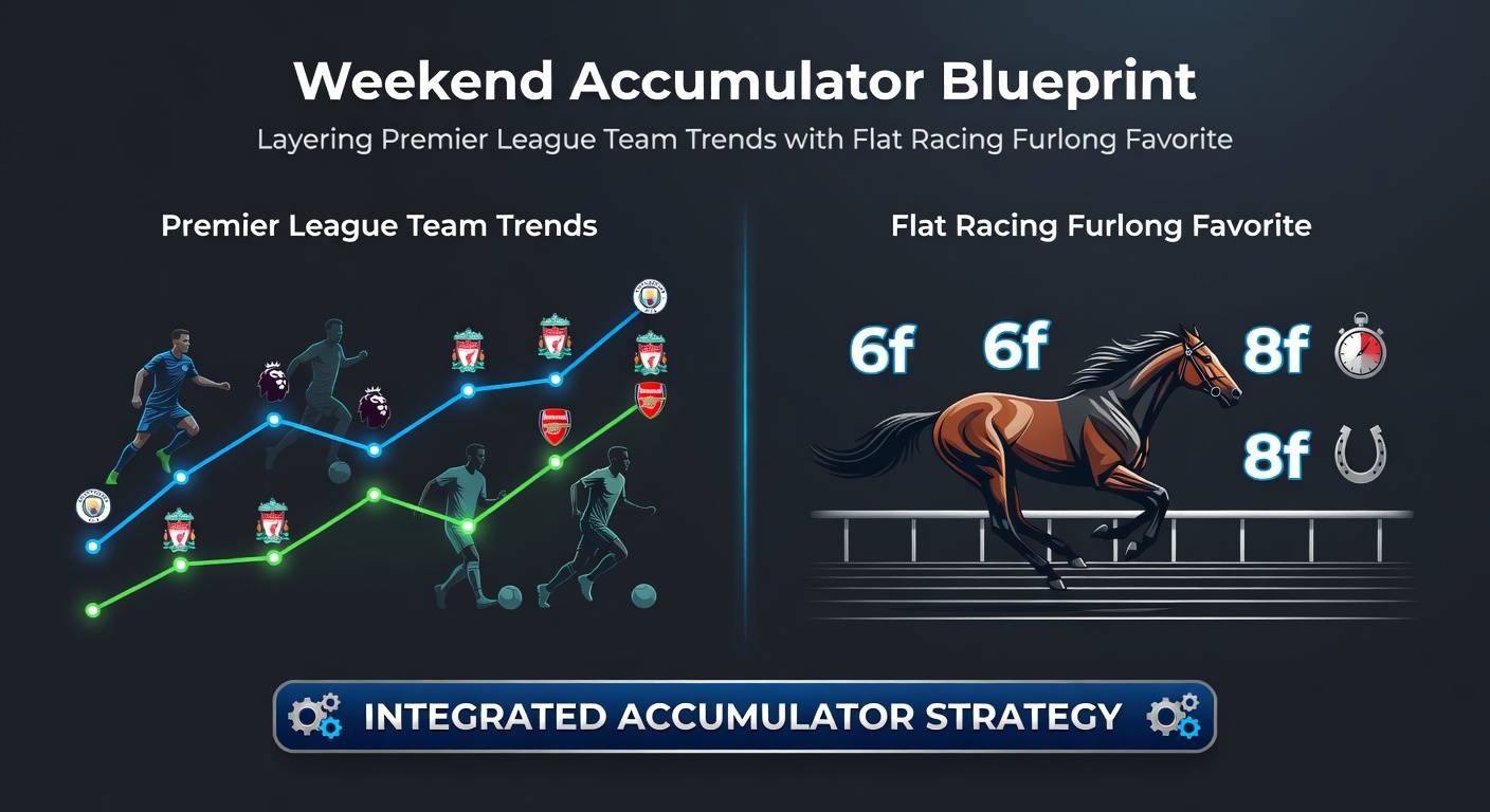 Data charts comparing Premier League team win trends against flat racing furlong performance graphs, with overlaid accumulator payout examples from recent weekends