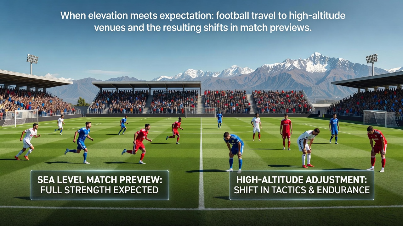 Football squad arriving at a high-altitude stadium with mountain backdrop during pre-match warm-up