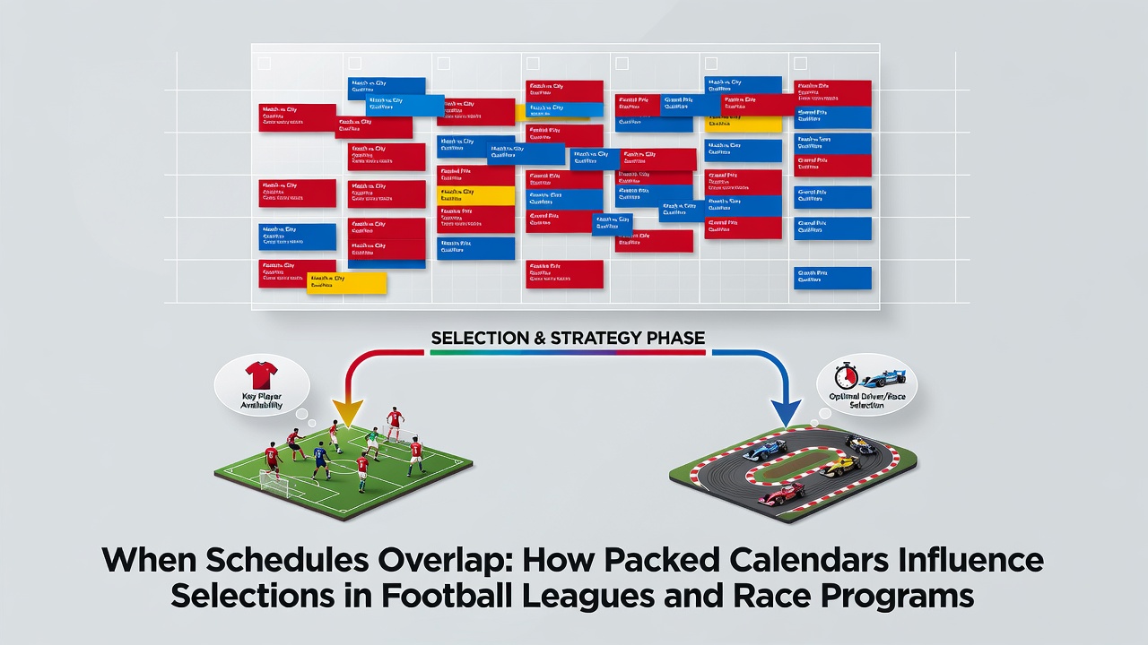 Packed football fixtures board alongside a horse racing calendar showing overlapping dates in summer months