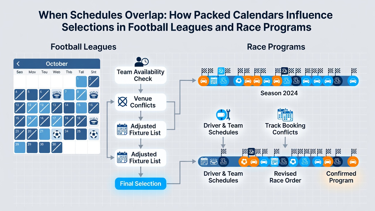 Split calendar graphic illustrating simultaneous football matches and horse racing meetings with highlighted overlap zones
