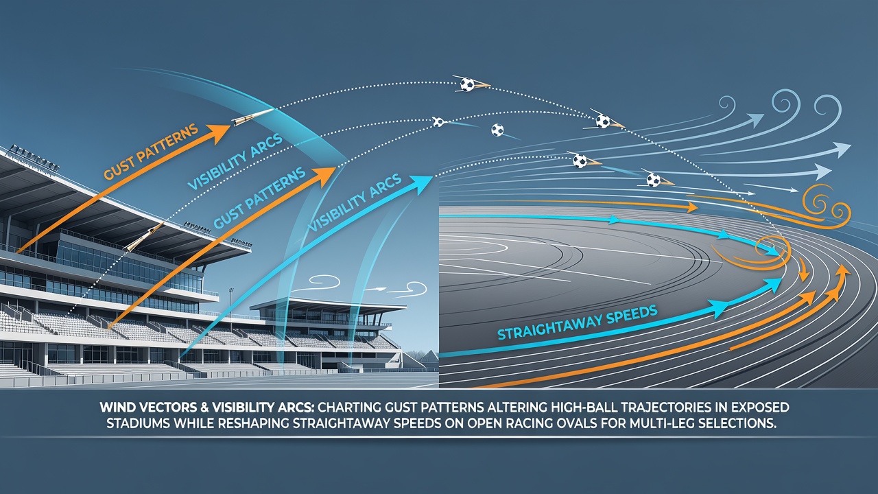 Diagram showing wind vectors influencing football trajectories in an open stadium alongside speed adjustments on a racing oval