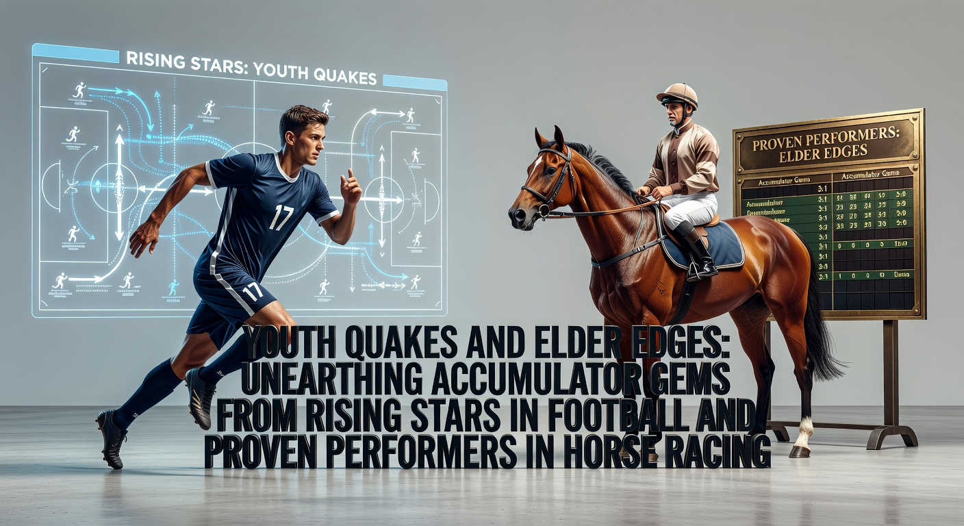 A young footballer bursts past defenders while a veteran racehorse powers down the stretch, symbolizing emerging talent and seasoned grit in sports betting